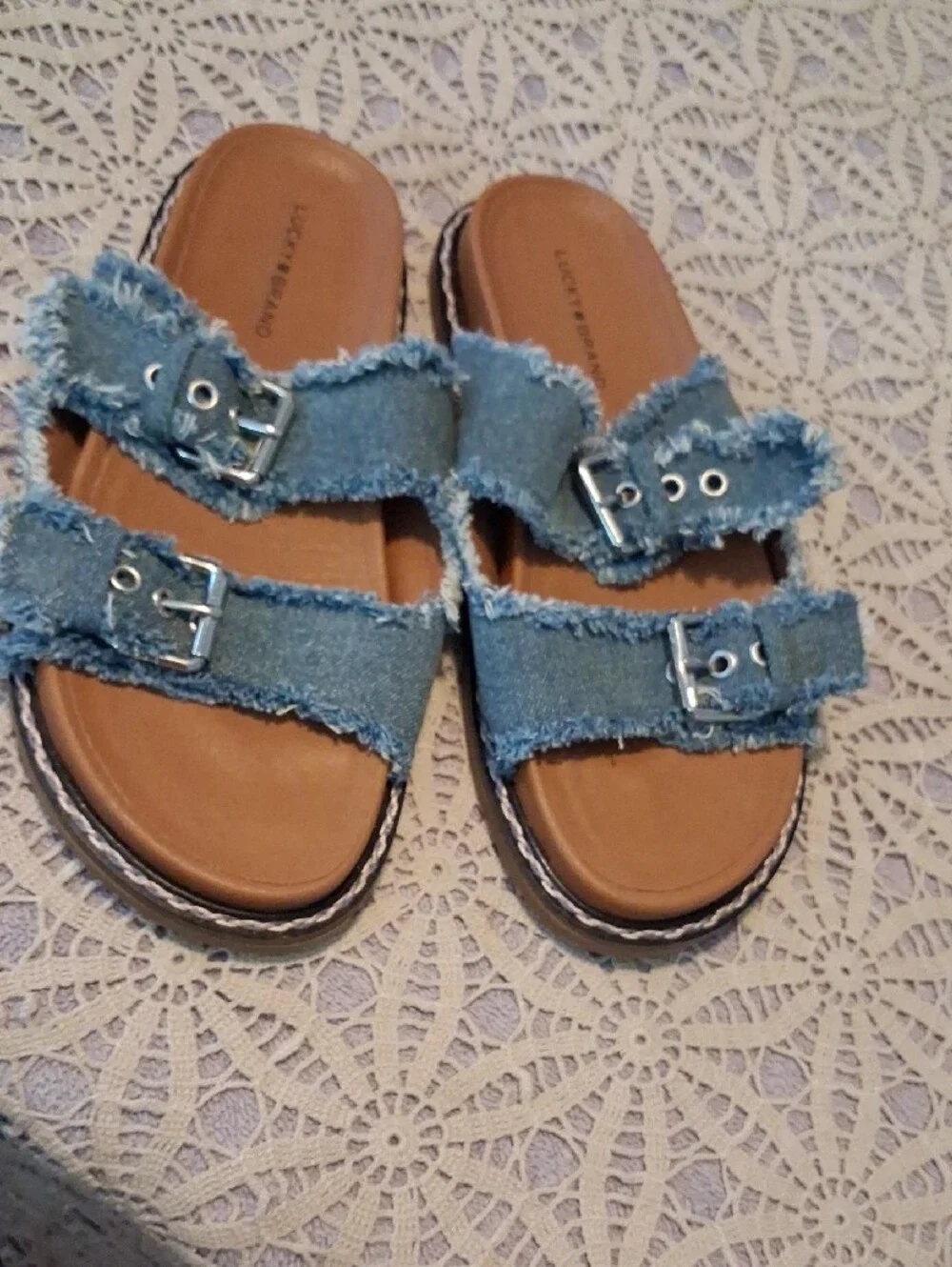 Lucky Brand Kids Frayed Denim Double-Buckle Slide Sandals - Blue